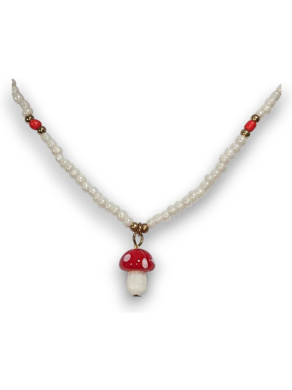 Whimsigoth Fairycore Glass Red White Mushroom Pendant Necklace 14 Inch